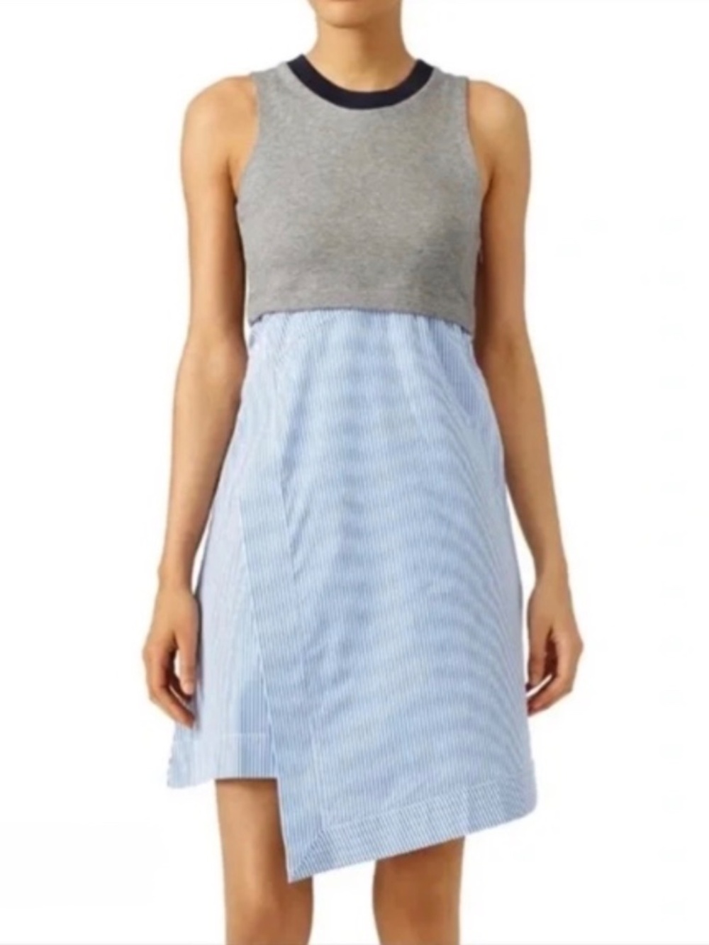 Carven Gray & Blue Striped Asymmetrical Sleeveless Cotton Blend Dress Sz. M